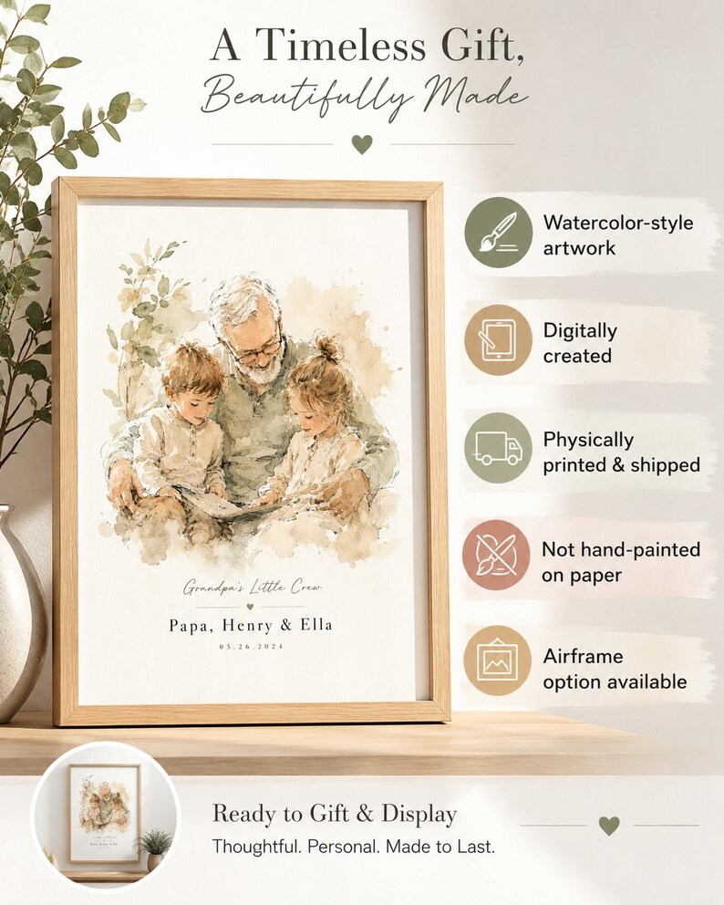 May include: Watercolor-style artwork in a wooden frame. The image depicts a grandfather with two children, with the text "Grandpa's Little Crew" and names. The artwork is digitally created and available with an airframe option.