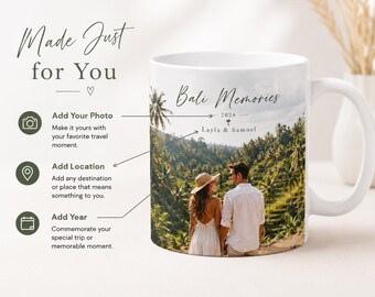Personalized Bali Photo Mug, Travel Memory Gift for Couple or Traveler