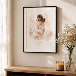 May include: A framed watercolor print featuring a couple embracing, with the text "My Person" and names below. The black framed art is displayed above a wooden console with books, a candle, and a vase of flowers.