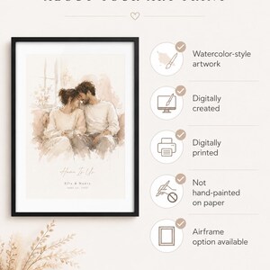 May include: A framed art print featuring a watercolor-style illustration of a couple. The print is in a black frame and includes the text "Home To Us" with names and a date. The image is digitally created and printed.