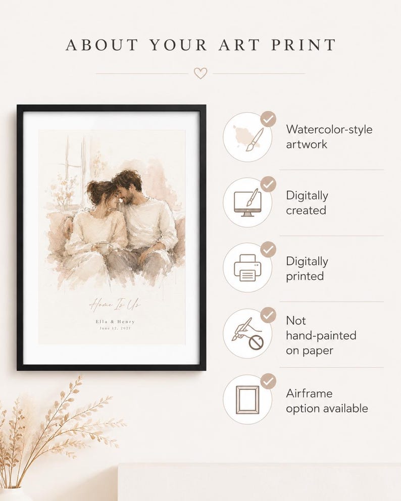 May include: A framed art print featuring a watercolor-style illustration of a couple. The print is in a black frame and includes the text "Home To Us" with names and a date. The image is digitally created and printed.