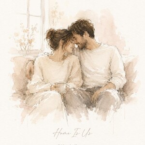 May include: Watercolor print of a couple embracing on a sofa. The artwork features soft, neutral tones and the text "Home Is Us," along with the names "Ella & Henry" and the date "June 12, 2021."