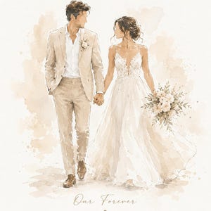 May include: Watercolor illustration of a couple on their wedding day. The groom wears a tan suit, and the bride wears a white wedding dress and holds a bouquet. The text "Our Forever" and the names "Harper & Jack" are below the couple.