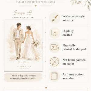 May include: A digitally created watercolor-style artwork of a couple holding hands. The artwork includes the text "Our Forever" and the names "Harper & Jack" with a date. The image is printed and shipped.