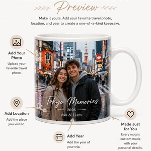 May include: White ceramic mug with a personalized design. The mug features a photo of a couple in Tokyo, the text "Tokyo Memories 2026 Ava & Liam", and the words "Personalization Preview".