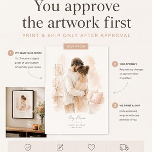 May include: A beige print with the text "You approve the artwork first" and a watercolor illustration of a couple embracing. The print also includes text about the approval process and the phrase "My Person".