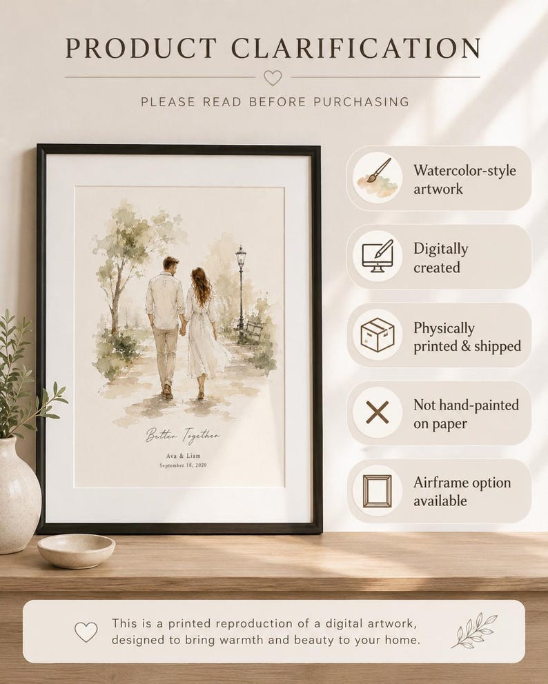 Puede incluir: Obra de arte enmarcada de estilo acuarela que representa a una pareja caminando por un camino, con el texto "Better Together" y nombres y una fecha. La obra de arte se crea digitalmente y se imprime y env&iacute;a f&iacute;sicamente. Opci&oacute;n de marco disponible.