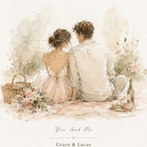 K&ouml;nnte beinhalten: Aquarelldruck eines Paares bei einem Picknick, mit Korb und Blumen. Der Text "You And Me" steht &uuml;ber den Namen "Grace & Lucas" und dem Datum "April 22, 2022". Das Kunstwerk hat weiche, ged&auml;mpfte Farben.