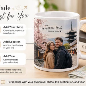 May include: White ceramic mug with a personalized travel photo from Japan in 2026. The mug features a photo of a couple in front of a pagoda and cherry blossoms. Text on the mug includes "Japan 2026" and "Emma & Noah."