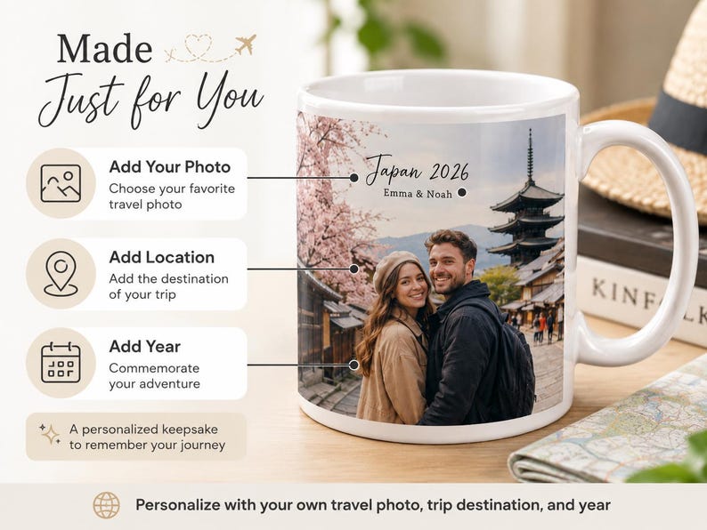 May include: White ceramic mug with a personalized travel photo from Japan in 2026. The mug features a photo of a couple in front of a pagoda and cherry blossoms. Text on the mug includes "Japan 2026" and "Emma & Noah."