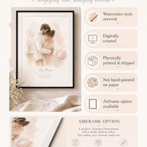 May include: A framed watercolor print featuring a couple embracing, with the text "My Person" and a date. The print is digitally created and available with an airframe option. The artwork is physically printed and shipped.