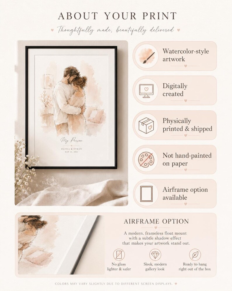 May include: A framed watercolor print featuring a couple embracing, with the text "My Person" and a date. The print is digitally created and available with an airframe option. The artwork is physically printed and shipped.