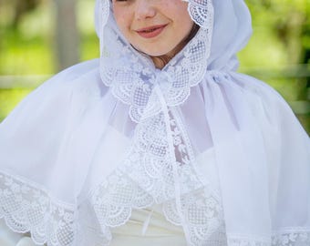Sciarpa di pizzo bianco da donna, copricapo per la chiesa, scialle cristiano per la preghiera, accessorio per il battesimo, regalo religioso, sciarpa da cappella, mantiglia elegante
