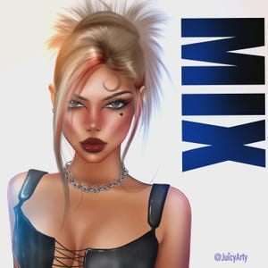 May include: Digital illustration of a woman with blonde and pink hair, wearing a black top and silver chain necklace. The word "MIX" is displayed in blue block letters. The illustration has a heart tattoo on the cheek.