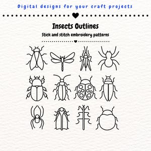 May include: A digital design sheet titled Crafty Designs By KJ, Digital designs for your craft projects, Insects Outlines, Stick and stitch embroidery patterns. The image displays twelve black line art insect illustrations arranged in a grid.