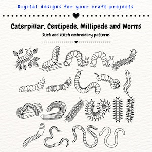May include: A digital design sheet titled Crafty Designs By KJ featuring black and white line art illustrations of caterpillars, centipedes, millipedes, and worms. The text reads Digital designs for your craft projects and Stick and stitch embroidery patterns.