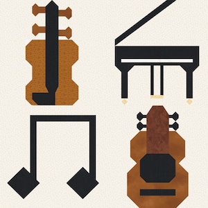 Peut inclure: Une illustration numérique d'instruments de musique. Une guitare acoustique brune, une guitare électrique brune, un piano à queue noir et un symbole de note de musique noir.