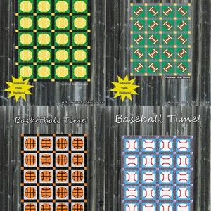 Puede incluir: Cuatro patrones de acolchado que representan diferentes deportes: tenis, fútbol, baloncesto y béisbol. Cada patrón es una colcha de 127 x 157 cm con un esquema de color y un diseño diferentes. Los patrones están etiquetados con el deporte y el nivel de dificultad.