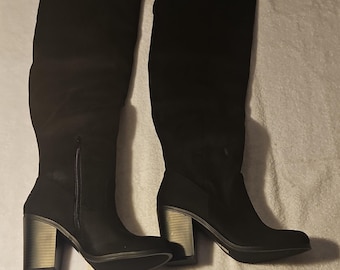 All Saints Black Synthetic Knee High Riding Boot Side Zip Round Toe Women 7