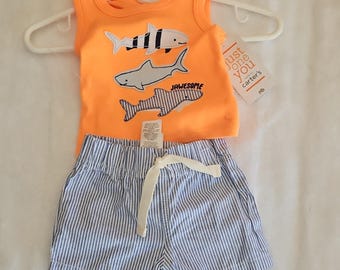 Just One You by Carter's Newborn Shark Tank & Striped Shorts Set Pomarańczowo-Niebieski