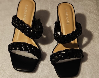 Sandalias sin cordones J. Adams negras de PU con tiras y tacón de bloque trenzado para mujer, talla 7