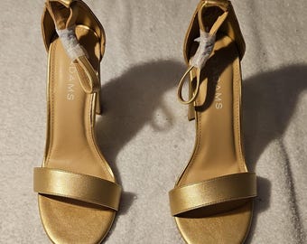 J. Adams Gold Synthetic Strappy Block Heel Ankle Strap Open Toe Buckle Size 7.5