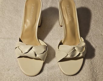 White Braided Strap Block Heel Mules – Open Toe Slip On Sandals