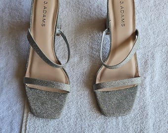 J. Adams Silver Synthetic Strappy Block Heel Glitter Sandals Women's 9.5