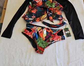 PEDDNEY Women's Multicolor Floral Bikini Set, Swim Shirt, High Waist, Size S