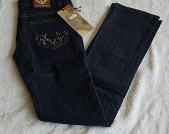 Top Jhon Dark Blue Denim Straight Jeans woman 5-Pocket Button Embroidered