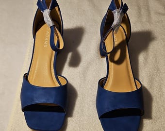 Sandali con tacco a blocco e cinturino in materiale sintetico blu J. Adams, con fibbia, taglia da donna 11