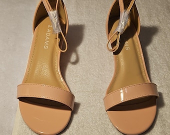 J. Adams Pink Patent Strappy Wedge Heel Ankle Strap Open Toe Buckle Size 6