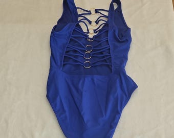 Blue One Piece Swimsuit with Ring and Strap Accents, Wide Straps, Size M