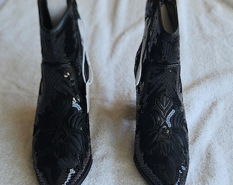 J.Adams Shoes Cassidy Black Sequin Western Ankle Bootie Side Zip Pointed Toe 6