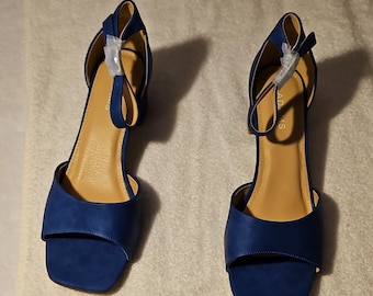 J. Adams Blue Synthetic Strappy Block Heel Ankle Strap Sandals Buckle Women's 11