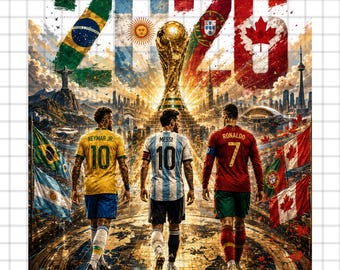 Diseño PNG del Mundial 2026 con Messi, Ronaldo y Neymar, diseño PNG del trofeo 2026, estadio de fútbol PNG (descarga digital)