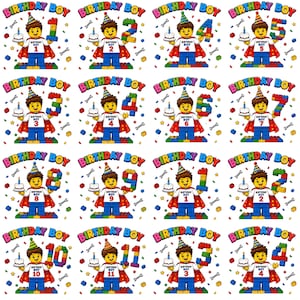 Op de afbeelding: Een verzameling van zestien digitale illustraties met een stripfiguur met een feesthoedje en cape, die een verjaardagstaart en een groot cijfer van kleurrijke bouwstenen vasthoudt. De tekst "BIRTHDAY BOY" staat boven elke figuur.