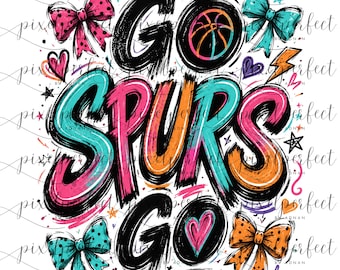 Go Spurs Go PNG, diseño de camiseta de baloncesto Fiesta, sublimación Retro Bow Game Day, descarga digital para aficionados al deporte en rosa y verde azulado