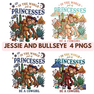 May include: Four PNG images featuring a cartoon cowgirl and horse with desert landscape elements. Text includes "In the world full of princesses, be a cowgirl." The images are in shades of brown, green, and blue.