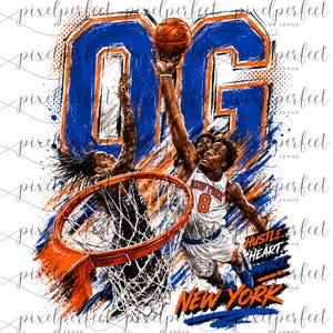 May include: A digital illustration of two basketball players in action, one wearing a white jersey with the number 8 and the text New York, reaching for a basketball near a hoop. The background features large blue and orange letters OG.