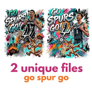Könnte beinhalten: Zwei digitale Kunstdateien mit einem Basketballspieler im Spurs-Trikot, den Worten "GO SPURS GO!" und einem Cartoon-Kojoten mit einem Basketball. Die Designs haben farbenfrohe Graffiti-Hintergründe mit Stadtansichten und Sternen. Der Text "2 unique files go spur go" steht unten.