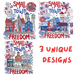 May include: Three unique designs showcasing watercolour illustrations of a small town with the words "SMALL TOWN" and "FREEDOM". Each design includes buildings, flowers, and the postcode 240988. The text "3 UNIQUE DESIGNS" is also present.