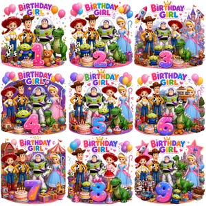 Può includere: Una collezione di nove illustrazioni a tema compleanno con personaggi di Toy Story come Woody, Buzz Lightyear, Jessie, Bo Peep e Rex, ognuna con un grande numero colorato da uno a nove e il testo Birthday Girl.