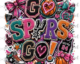 Go Spurs Go PNG, diseño de camiseta de baloncesto Fiesta, sublimación Retro Bow Game Day, descarga digital para aficionados al deporte en rosa y verde azulado