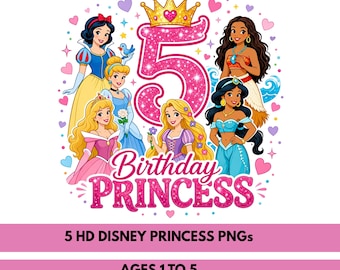 Paquete de cumpleaños de princesa 1–5, SVG de princesa para el tercer cumpleaños, PNG de princesa para el quinto cumpleaños, diseño de camiseta con temática de princesa para cumpleaños