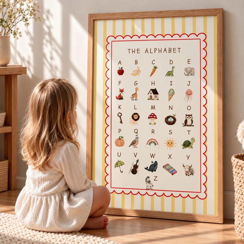 Alphabet Poster Printable, Nursery & Classroom ABC Wall Art, Yellow ...