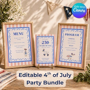 May include: Three framed signs with a pink and blue striped border. The signs display the words "MENU" and "PROGRAM", and a sign that says "250 YEARS OF USA". The signs are part of an "Editable 4th of July Party Bundle".