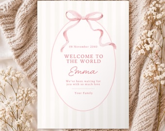 Welcome to the World New Baby Card for Girl, Editable Canva Template. Minimalist Pink Coquette Bow, Printable Instant Download 5x7"