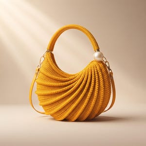 Peut inclure: Un sac à main en crochet jaune moutarde en forme de croissant avec une texture côtelée rappelant un coquillage. Le sac comprend une anse arrondie, une grosse perle sphérique blanche sur un côté et une fine bandoulière jaune assortie avec des clips.