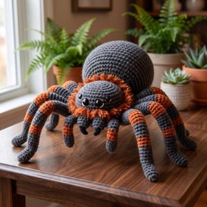 May include: A crocheted spider plush toy featuring a large gray rounded body, eight legs with alternating gray and orange stripes, and a fuzzy orange collar around the head. The spider has four black glossy eyes and two small black fangs.
